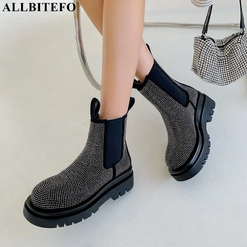 

ALLBITEFO Elastic Band Round Toe Waterproof Platform Shoes Ankle Boots Shoes Autumn Winter Fashion Leisure Girls Women Boots