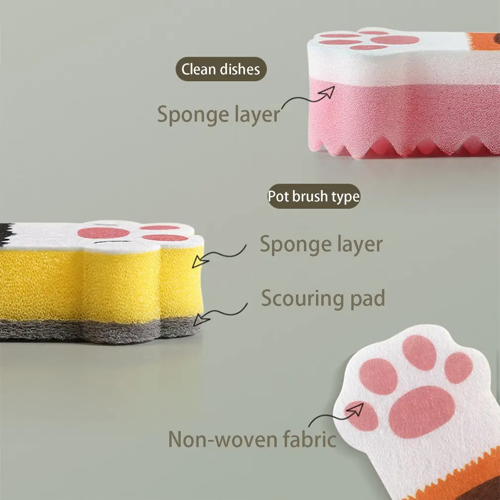 

3pcs/set Sponges Scouring Pads Cat Paw Shape Sponge Brush Glass Tableware Wash Dishes Sponge New Year Kitchen Home Cleaning Tool