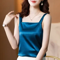summer womens camis satin solid blouse for women sleeveless shirt blue square collar neck blouse top female woman basic shirts
