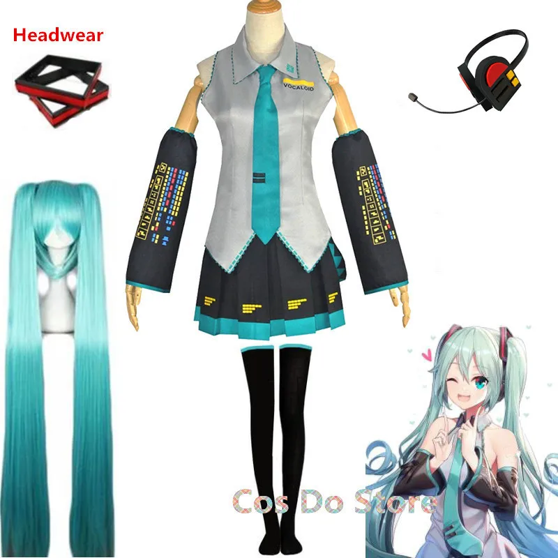 Miku Косплей Костюм с париком аниме Топ миди платье для Хэллоуина вечевечерние