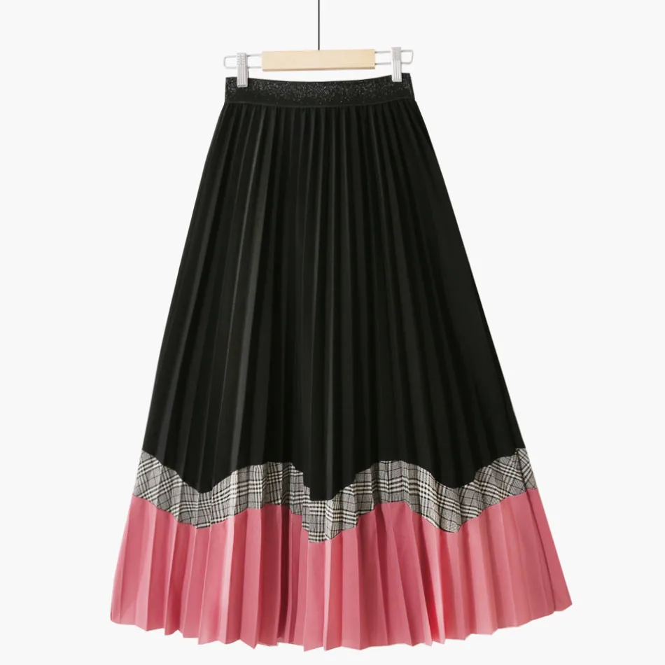 black with pink Корейский стиль осень волна пэчворк трапециевидной формы длинные плиссированные юбки контрастный цвет клетчатый полушерстяной средней длины длинная юбка - Цвет: black with pink