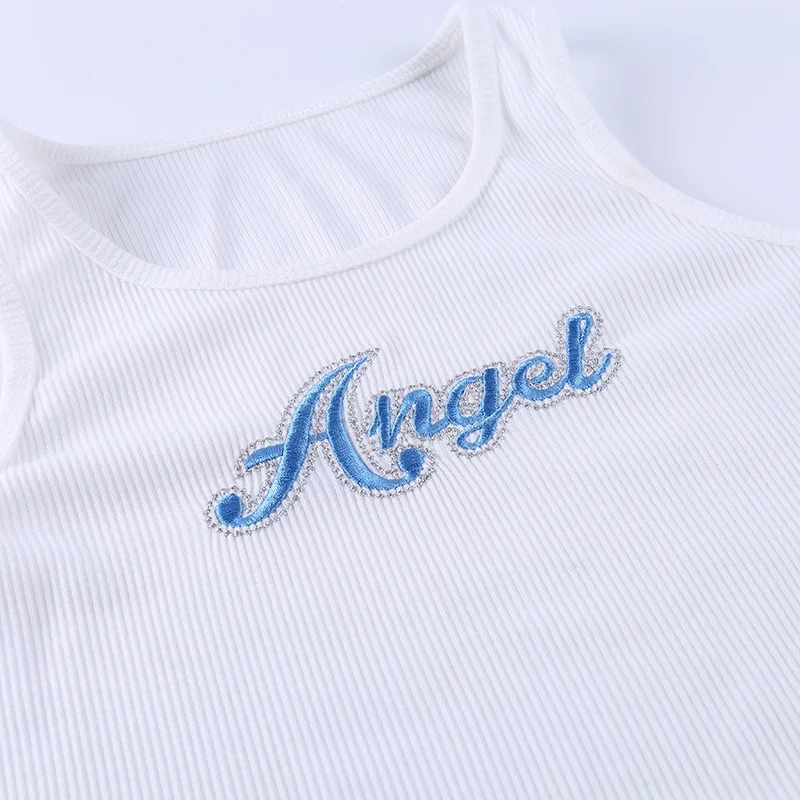 

Women Letter Embroidery Tank Top Vest Top Summer Fashion Sleeveless Ribbed Crop Top for Ladies Women 2021 White Corset Top