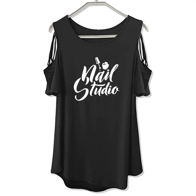 Футболка женская Свободная с коротким рукавом и открытыми плечами для маникюра