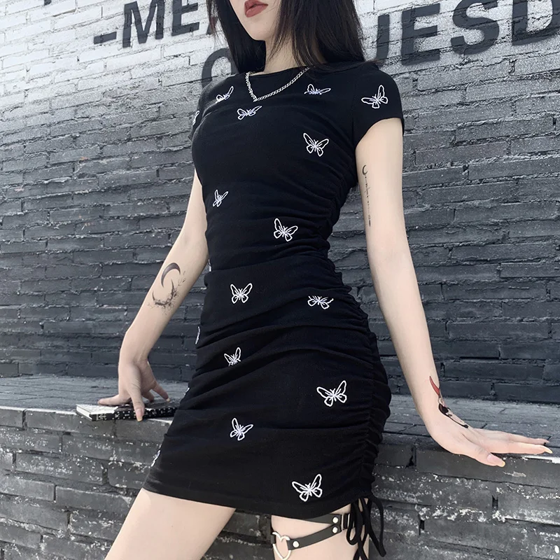 Горячая Распродажа черные платья с коротким рукавом и принтом бабочки женские