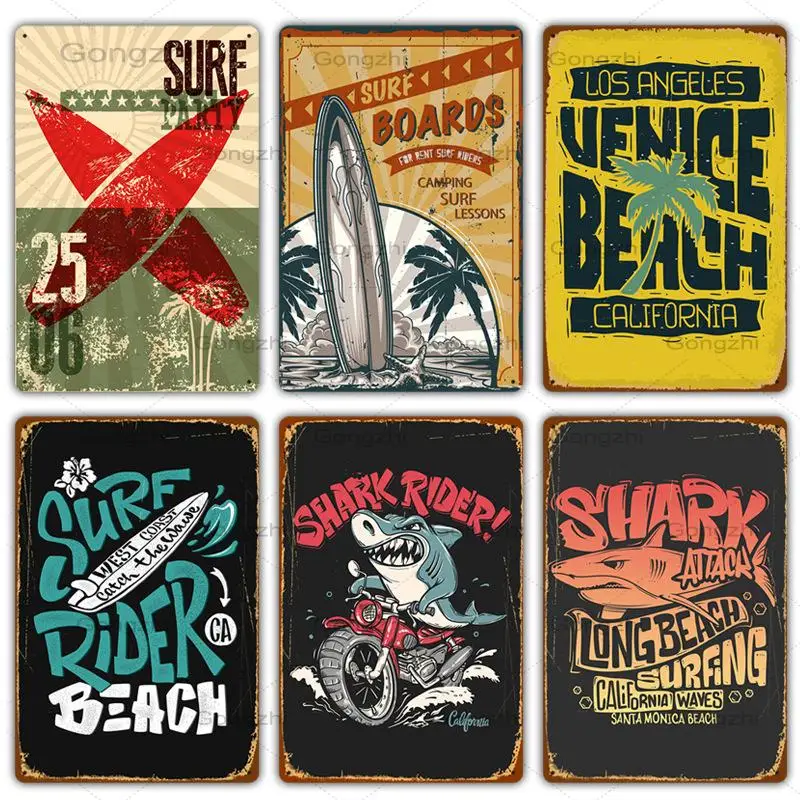 

Surfing Beach Metal Poster Plaque Summer Vintage Metal Tin Sign Seaside Retro Tin Plate Beach Store Wall Art Decor Painting