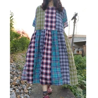 original casual literary loose patchwork plaid long dress women summer clothes for women woman clothing