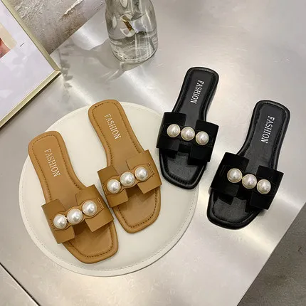 

String Bead Shoes Woman 2020 Womens Slippers Outdoor Pantofle Low Luxury Slides Soft New Summer Designer Flat PU Basic Fashion
