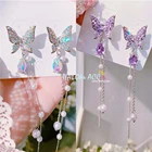 Корейские блестящие серьги-подвески Стразы с бабочками для женщин, элегантные жемчужные кисточки, бижутерия для вечеринки, модные ювелирные изделия, новинка 2022