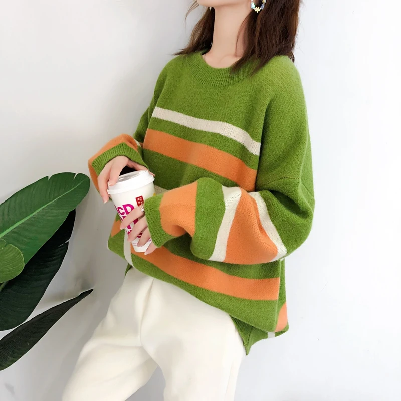 Пуловер женский оверсайз с круглым вырезом H.SA осенне-зимний пуловер в розовую