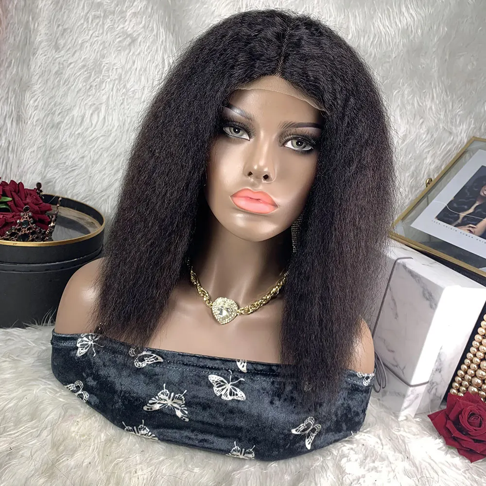 

Yaki Kinky Straight Human Hair Wig Lace Closure Wig Virgin Brazilian Hair Kinky Straight Pre Plucked Natural Wig For Black Woman