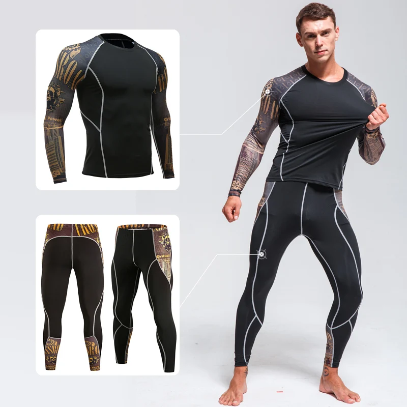 Men's Winter Thermal underwear Compression Skin Sportswear 2-pc/set Warm Sweat Suit Tracksuit 3D Pattern Arm long johns Men