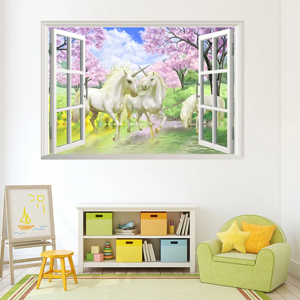 Настенные 3D стикеры с изображением белого единорога домашний декор ПВХ имитация