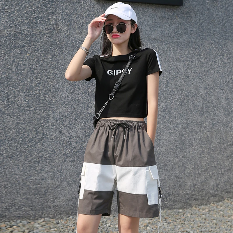 

Patchwork Shorts Women 2021 Summer High Waist Elastic Wide Leg Cargo Women's Shorts Female Casual Streetwear #DK04