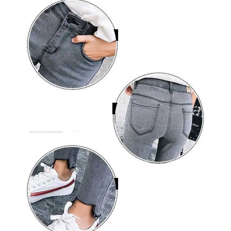 Серые джинсы женские 2019 новые корейские с высокой талией эластичные тонкие и