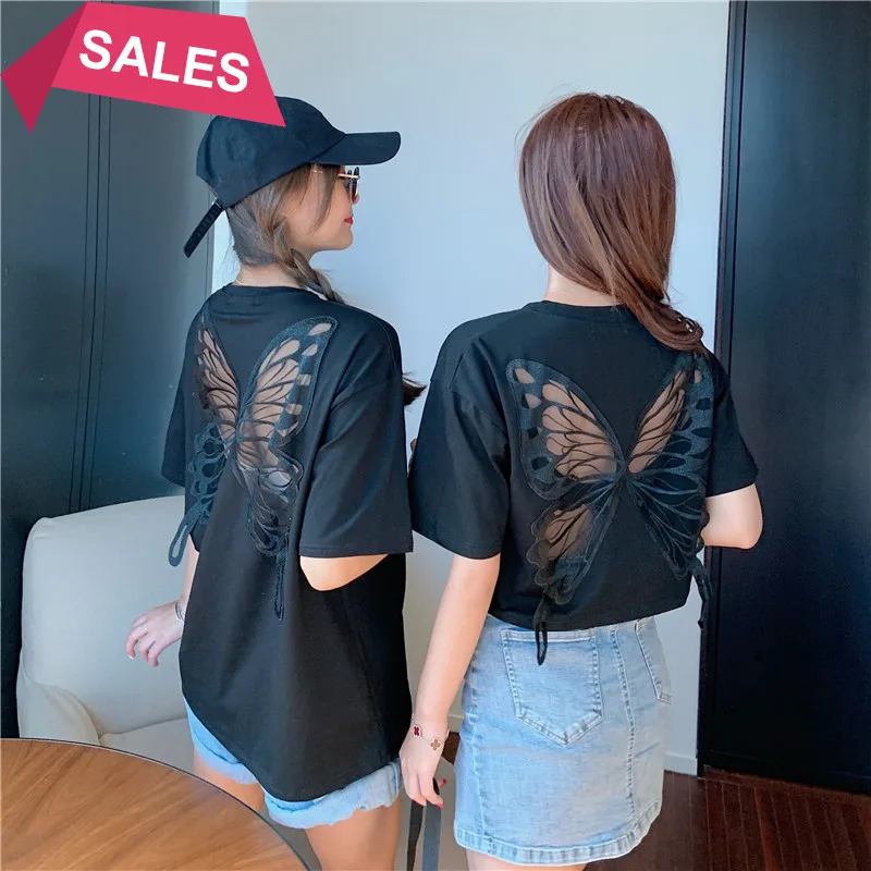 

Cotton short sleeve T-shirt women's 2021 summer butterfly wings embroidery back hollow out open back care machine loose top