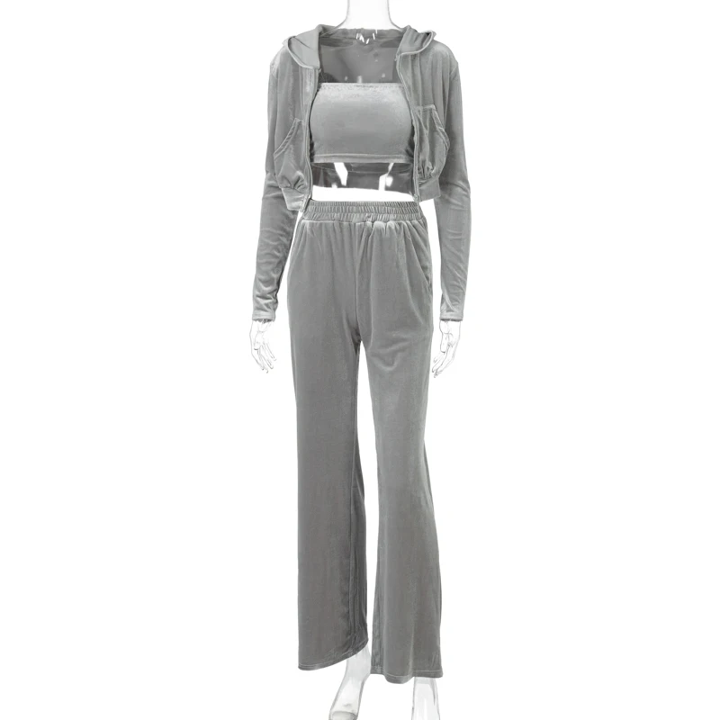 

3 Piece Set Hoodie Sweatshirt Zipper Tube Crop Top Suit High Waist Wide Leg Pants Tracksuit Sporty Casual Outfit Streetwear