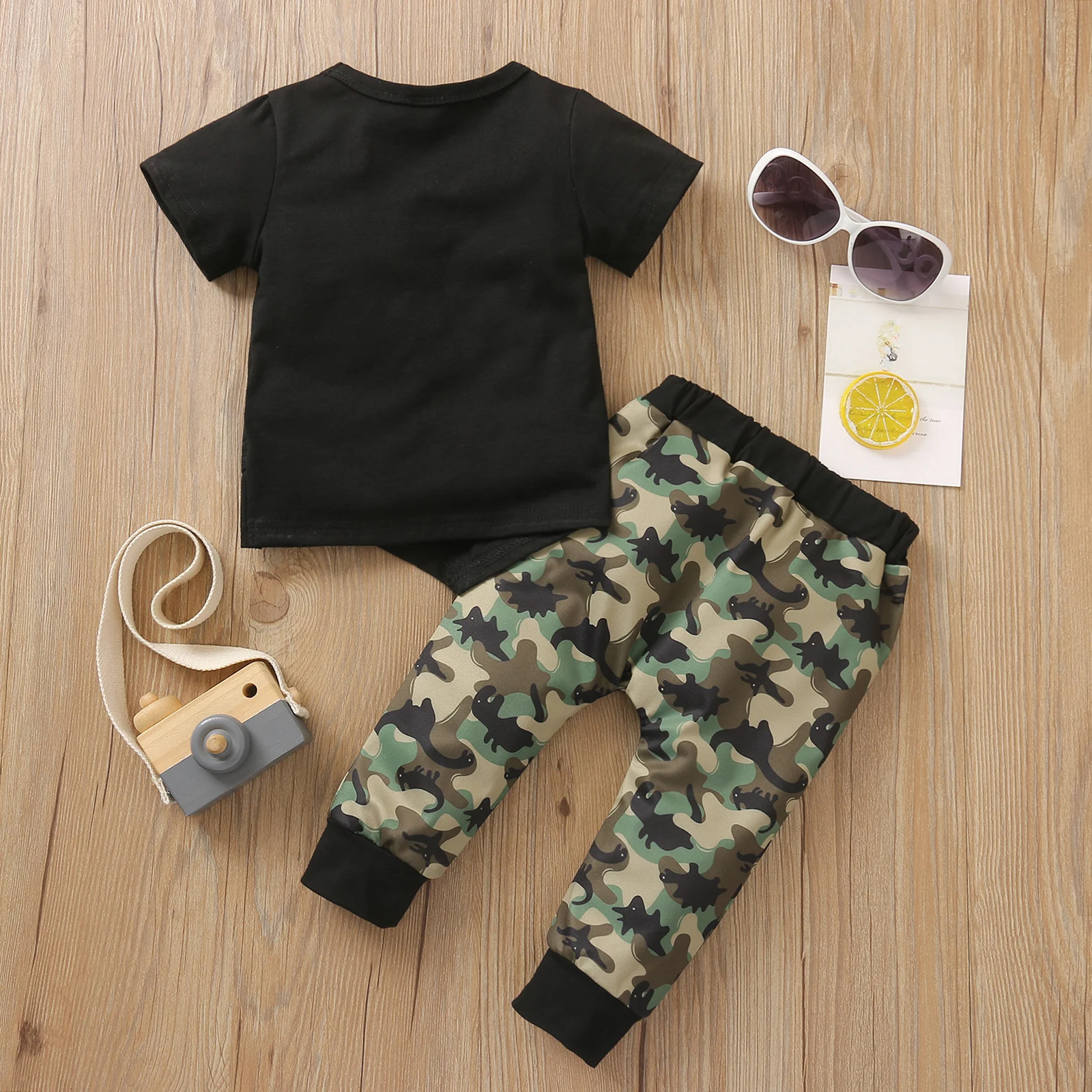 

Pudcoco 12M-4Y Toddler Spring Baby Boy 2Pcs Set Pocket Short Sleeve Irregular T-shirt+Dinosaur/Camo Print Pants Autumn Outfit