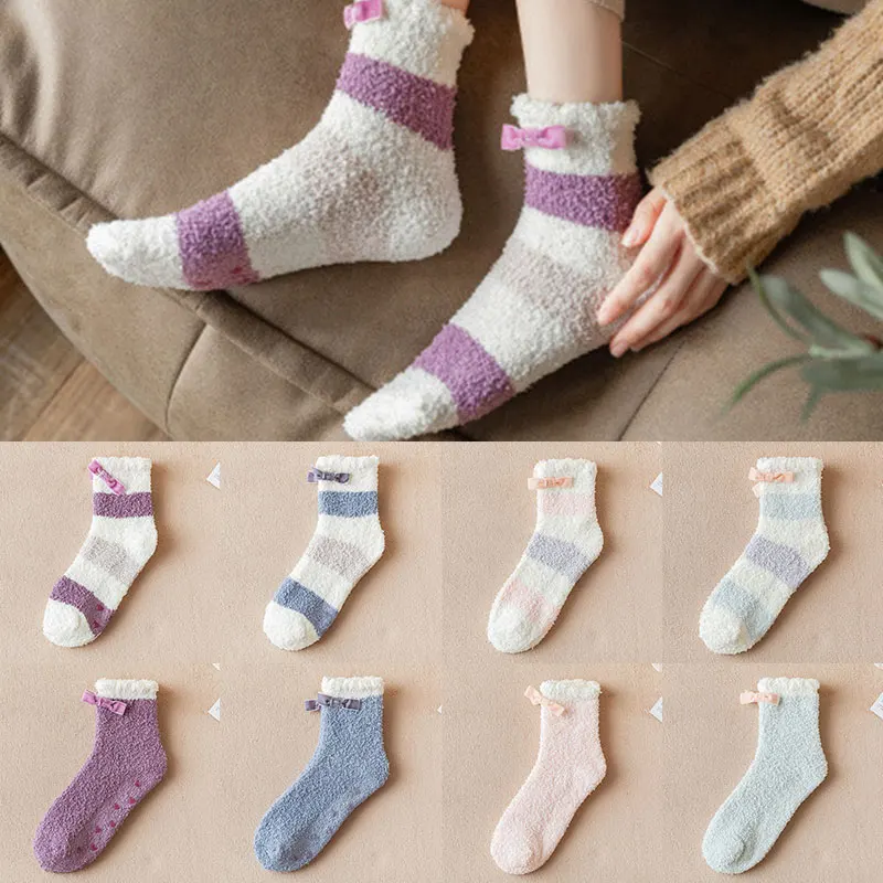 

Cute Sleeping Bow Floor No-slip Women Coral Fleece Warm Thick Winter Socks Solid Striped Pattern No-Slip Fashion Comfortable