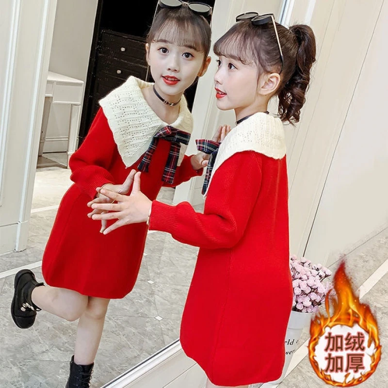 

Elegant Bow Knitting Long Kids Dresses Teenage Girl Dress Children Clothing Spring Autumn Black Beige Wedding Party Dress Plus S
