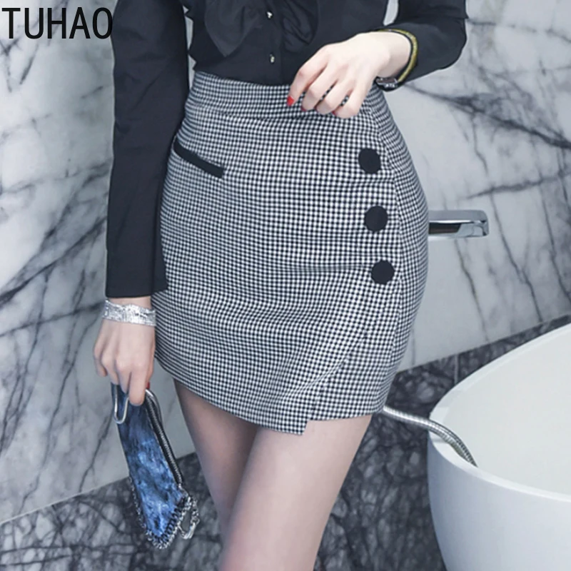 

TUHAO Mini Women Office Lady Plaid Skirt 2020 Spring summer Hip Wild Irregular Plaid Sexy Skirt Woman OL Hight Wasit Skirts WM40