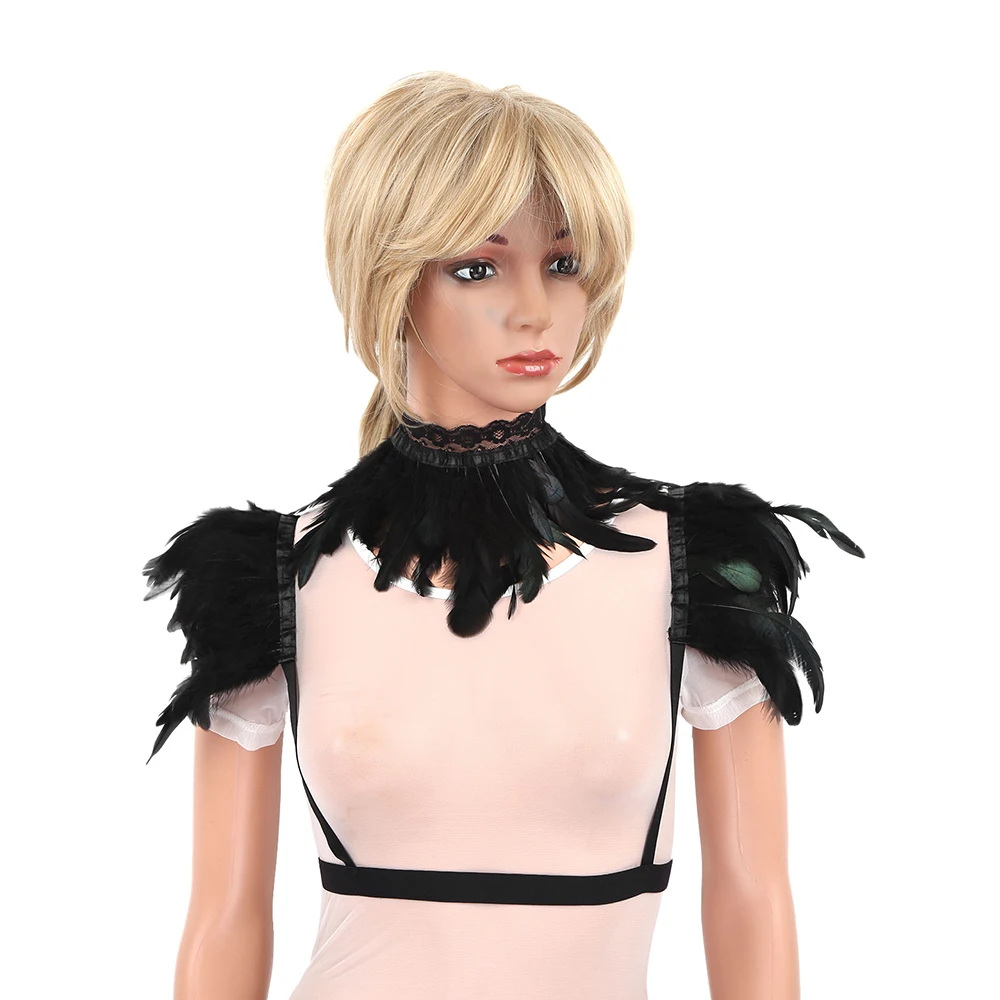 Women Gothic Natural Feather Shrug Shawl Shoulder Wings Lingerie Female Body Sexy Caged Bra Festival Rave Costume Harness Belts
