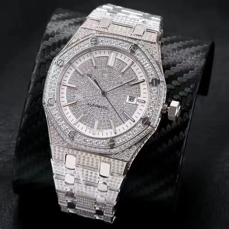 Мужские часы со стразами серебристые супер качество сверкающие механические с