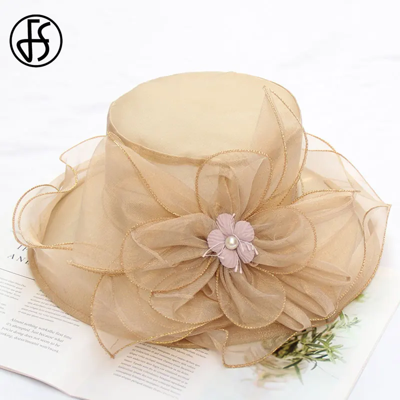 

FS Pink Wide Brim Summer Sun Hats For Women Elegant Bowler Caps Fedora Ladies Flower Wedding Church Party Beach Hat