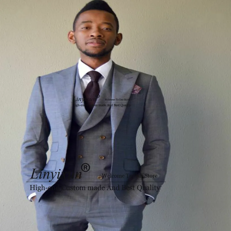 

2020 Grey Double Breasted Men Suit Slim Fit 3 Piece Peak Lapel Tuxedo Custom Made Prom Polyester+Cotton Two Button Groom Suits