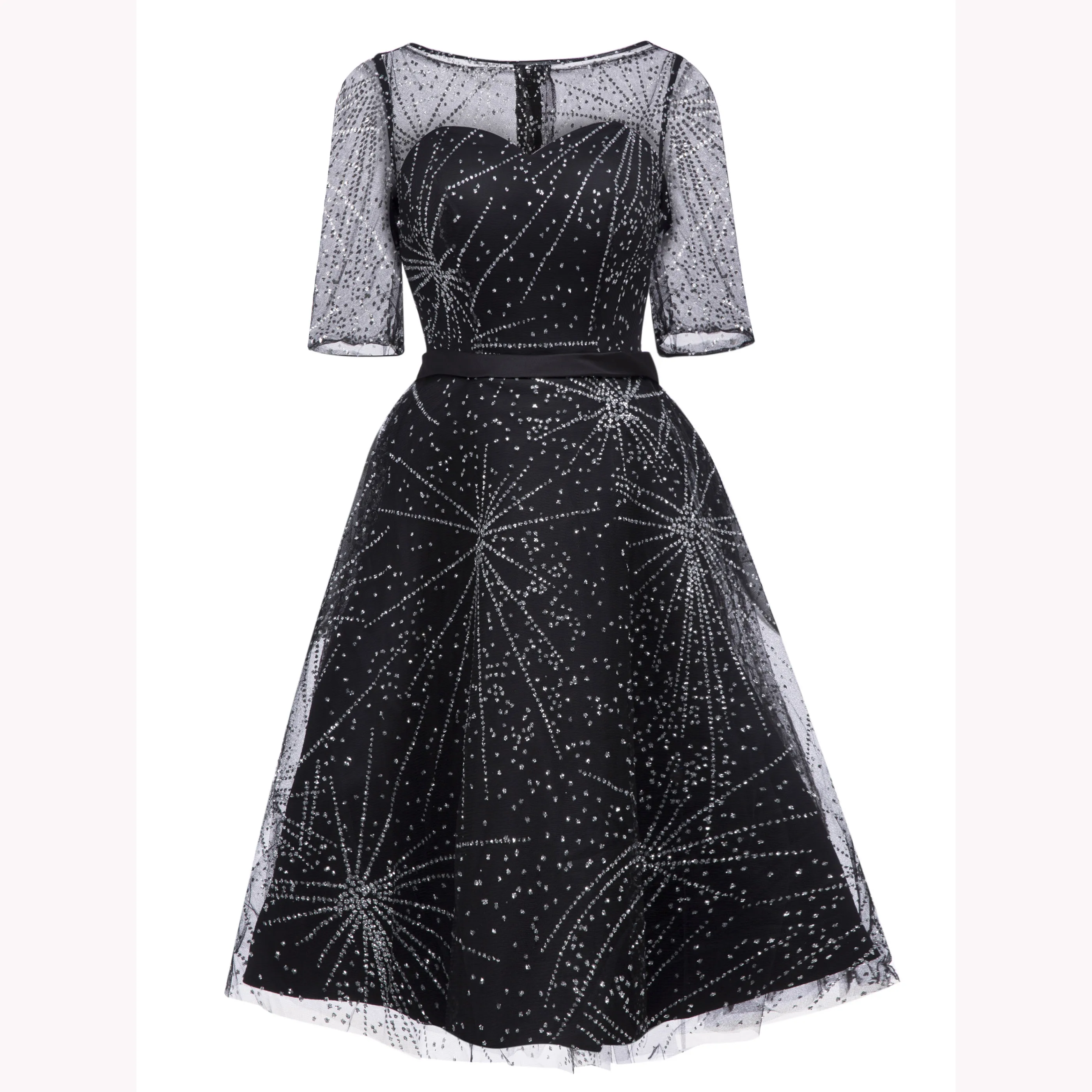 Элегантное коктейльное платье Dressv черное трапеция до колена с глубоким круглым