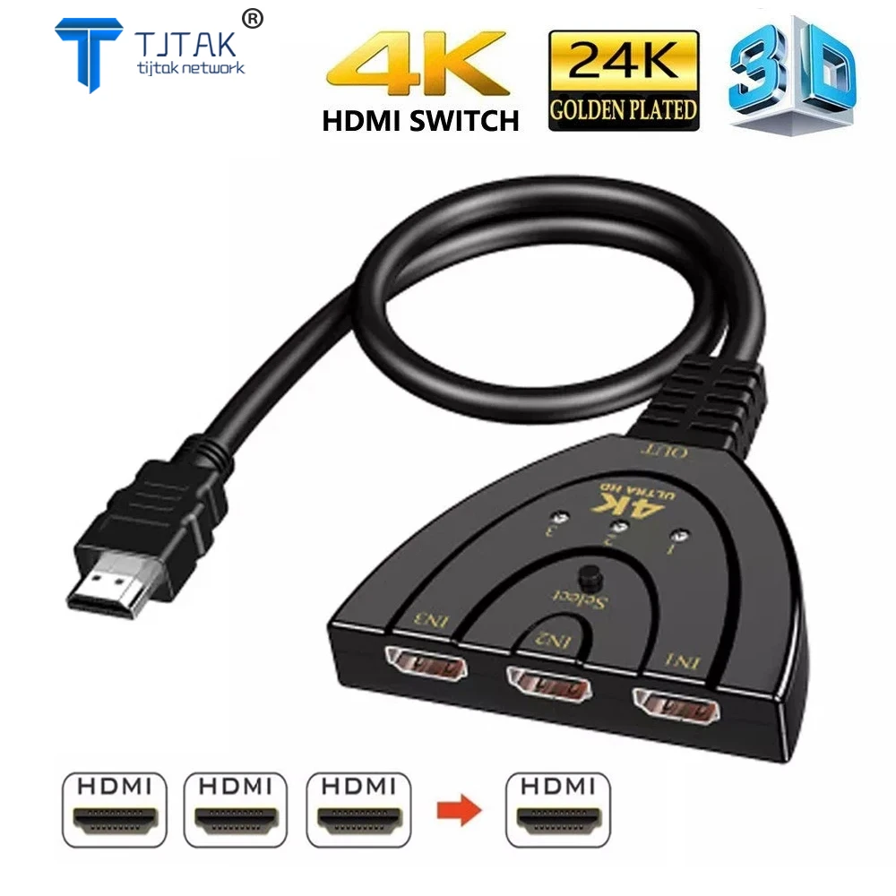 

TJTAK 4K*2K 3D Mini 3 Port HDMI-compatible Switch 1.4b 4K Switcher Splitter 1080P 3 in 1 out Port Hub for DVD HDTV Xbox PS3 PS4