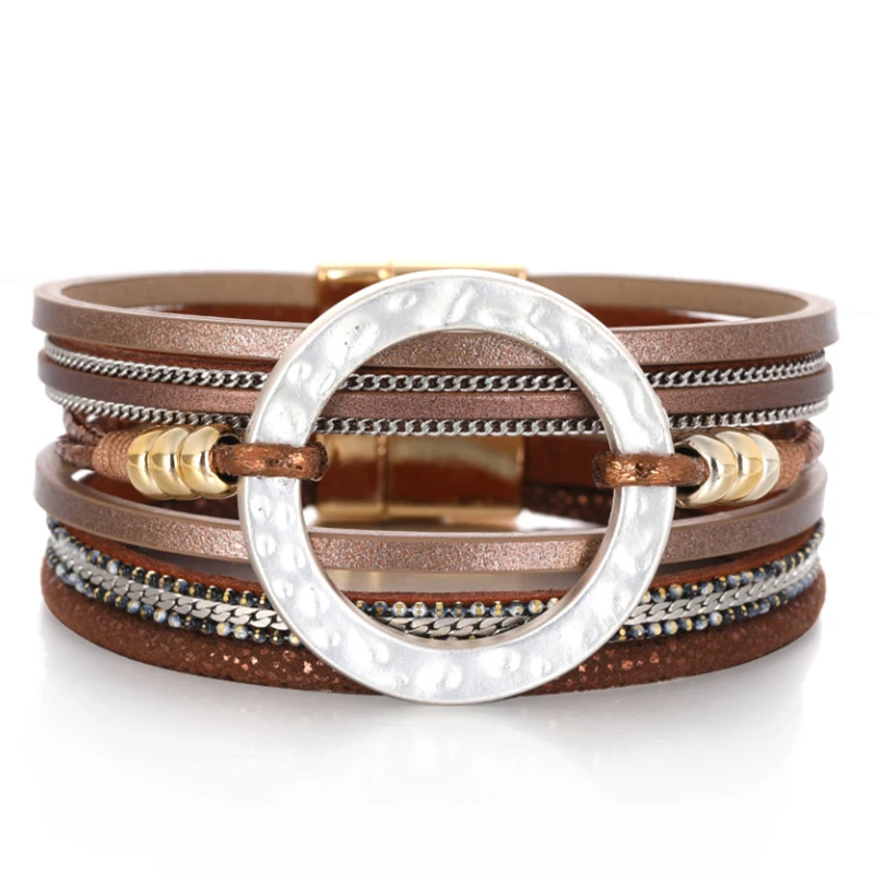 

Amorcome New PU Leather Wrap Women Bracelets Fashion Metal Circle Charm Magnetic Clasp Cuff Bracelet Unisex Bohemian Jewelry