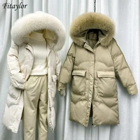 fitaylor winter large natural fox fur collar hooded down long jacket women white duck down coat windbreak sleeve warm outwear