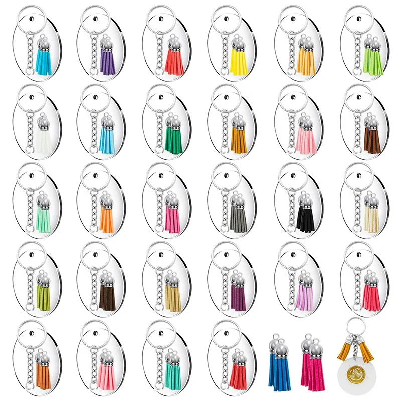 

144Pcs Acrylic Transparent Discs Blank Keychains Circle Key Chains and Tassel Pendant Keyring for DIY Project and Crafts