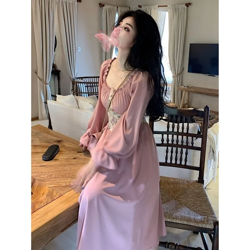 

Women French Vintage Elegant Dresses Casual Long Sleeve Evening Party Dress Korean Fashion 2021 Autumn Floral Midi Dress Chic