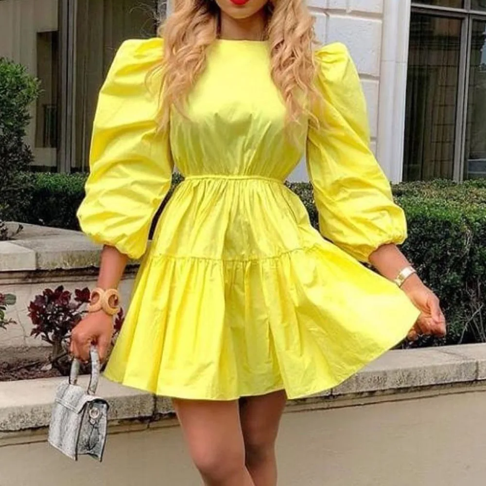 

Модное осеннее платье с круглым вырезом, соблазнительные приталенные платья с пышными рукавами, высокой талией и сумочкой на бедрах, 2021