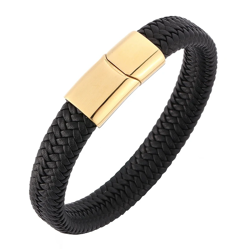 Модный черный плетеный кожаный браслет для мужчин ювелирные изделия золотой из