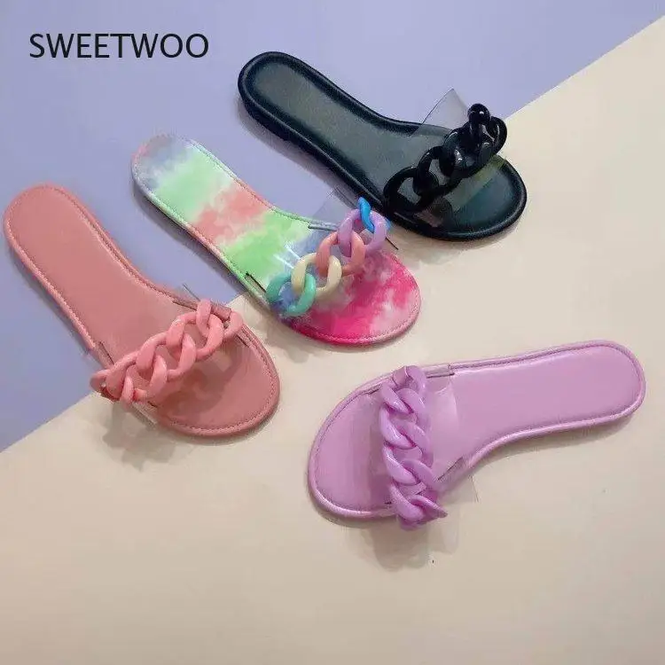 

Fashion Sexy Roman Style Transparent Chain Decoration Flat Outdoor Female Slippers 2021 Summer New Style Plus Size Beach Slipper