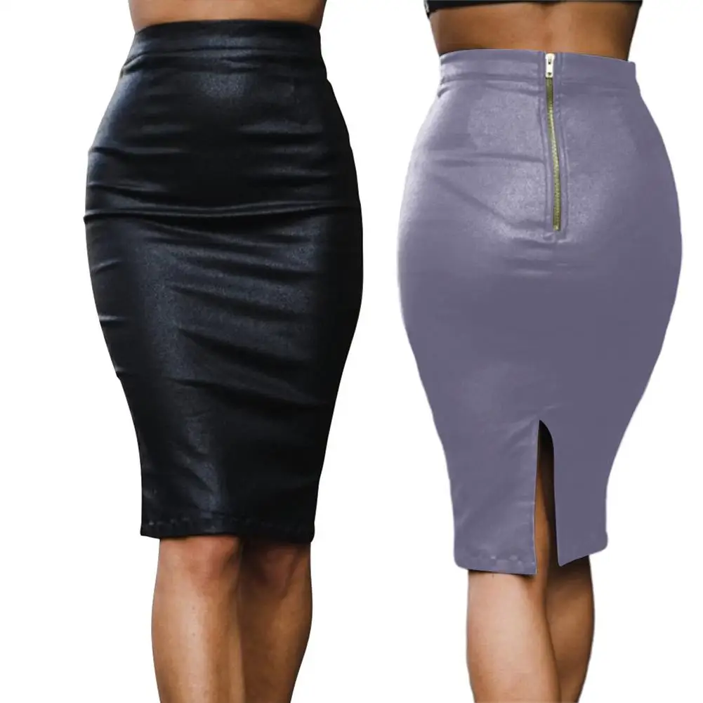 Женская юбка-карандаш из искусственной кожи с разрезом сзади простая