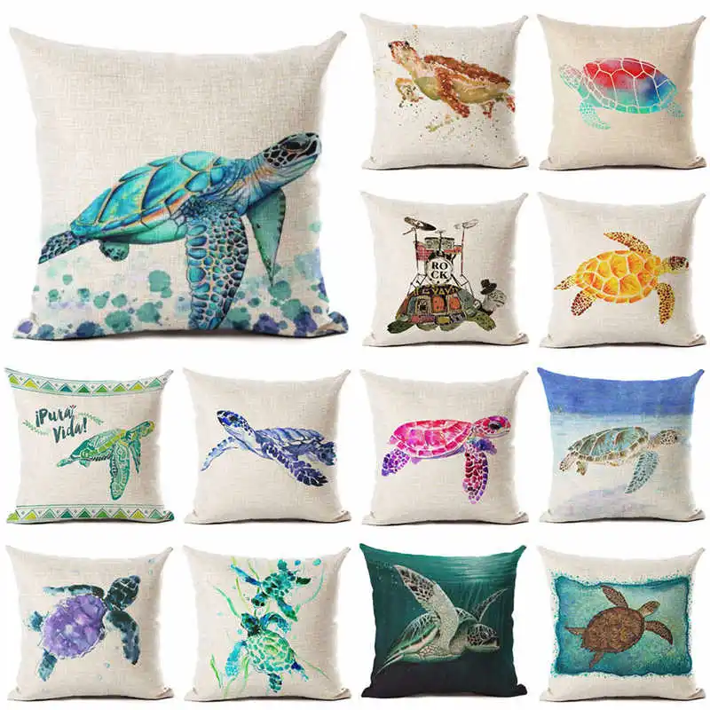 Льняная наволочка с принтом морской черепахи для подушки в океаническом стиле