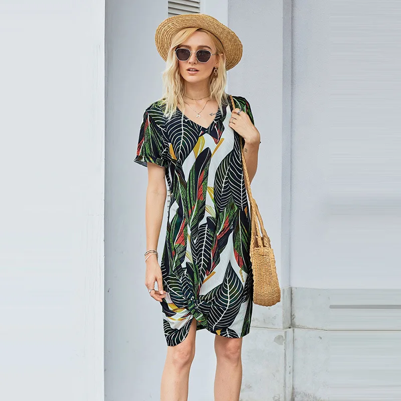 

Loose dress new style leopard short sleeved V collar asymmetrical hem T shirt dress