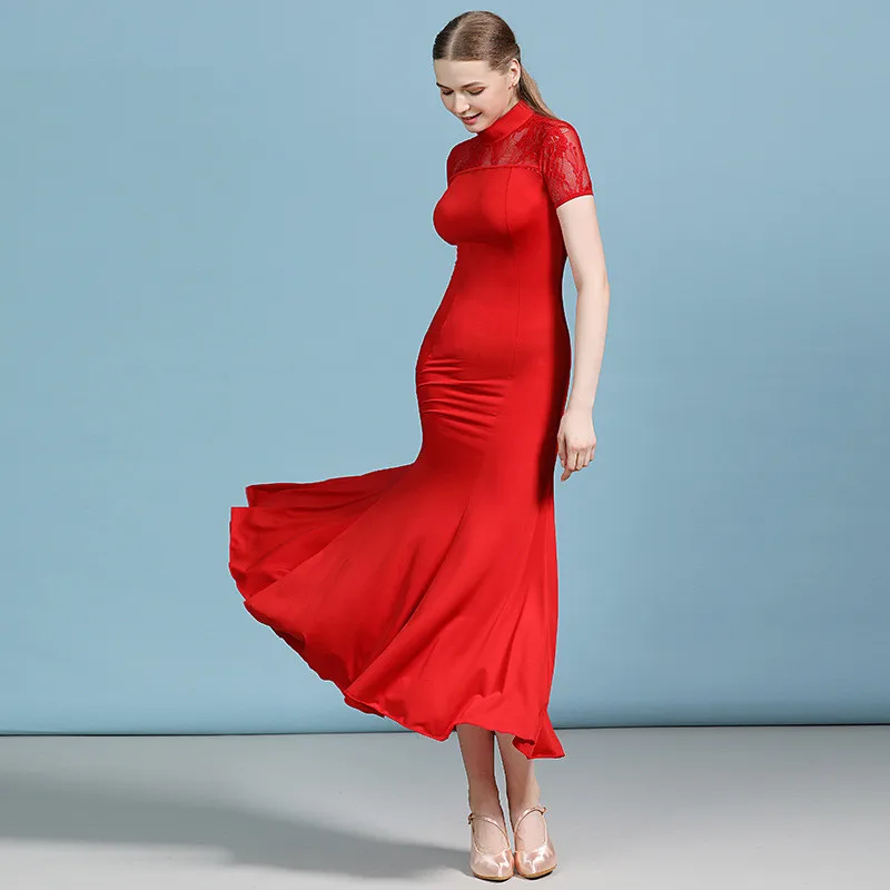 Красное Бальное танцевальное платье для женщин с длинными рукавами танцы Вальс