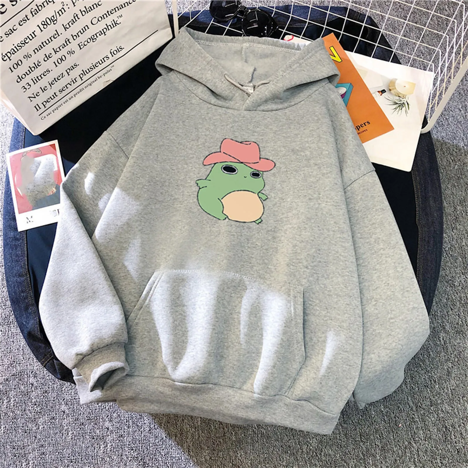 Women Hoodies Oversized Kawaii Frog Hoodie Solid Color Autumn Winter Plus Velvet Warm Cartoon Long-Sleeve Hooded Sweatshirt Tops