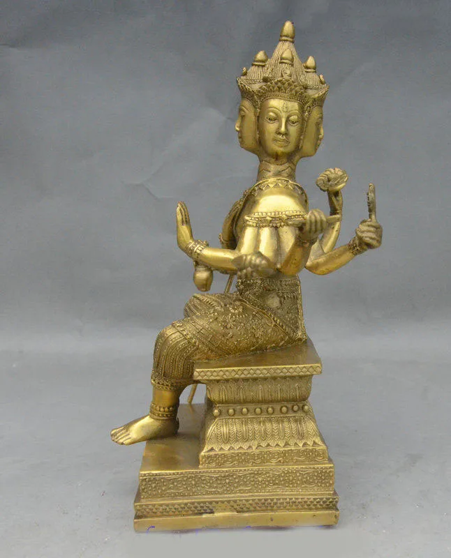 

christmas 10" Tibet Buddhism Brass Thailand 4 Head 8 Arm Ayutthaya Maitreya Buddha Statue New Year