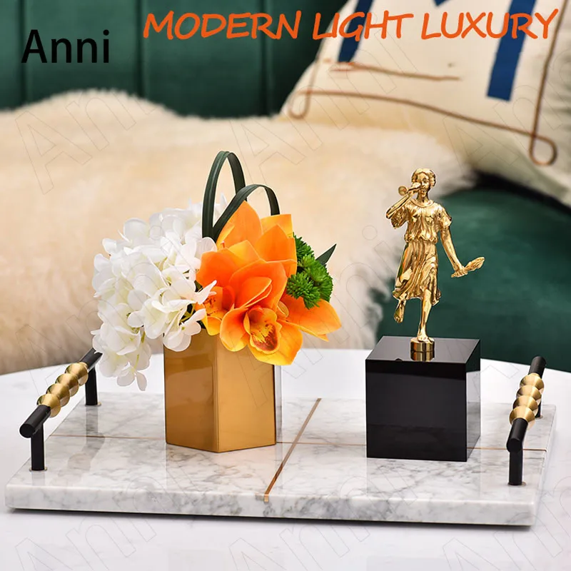 

Natural Marble Trays Decorative Nordic Modern Copper Handle Large Rectangle Coffee Table Desktop Tea Set Wine Glass Storage Tray