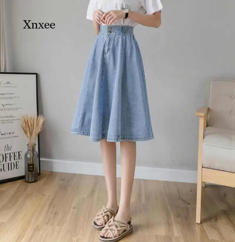 

Юбка женская джинсовая трапециевидная с завышенной талией, на пуговицах