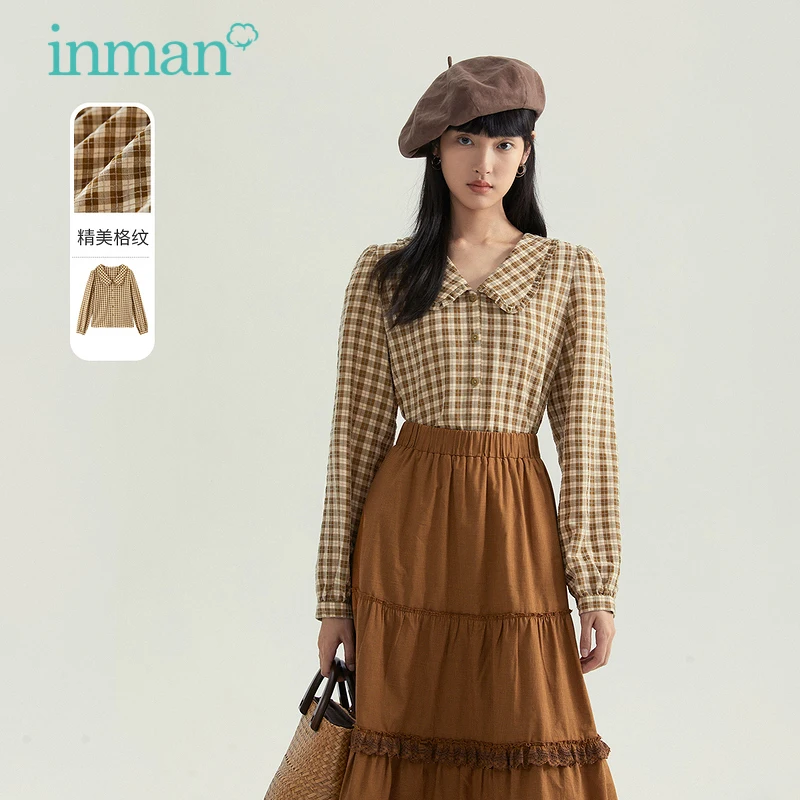 

INMAN Autumn Spring Women's Top Retro Literary Lapel Shirt British Style Plaid Long Sleeve Buttons Female Blouse