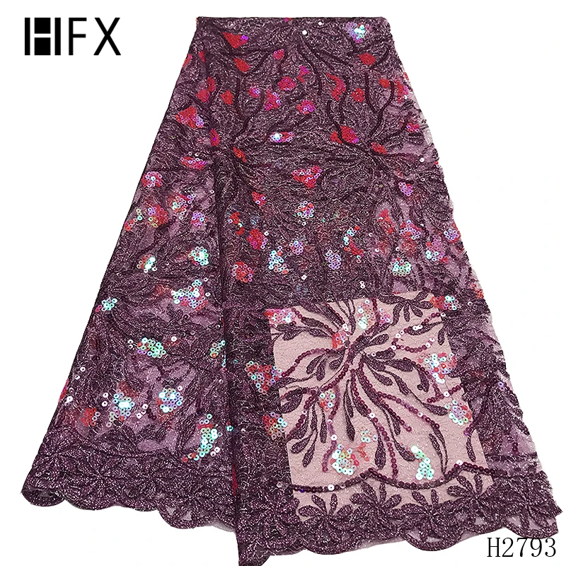 HFX 5 ярдов Фиолетовый Настоящее французская кружевная Роскошная вышивка африканским тюлем кружевная ткань в нигерийском стиле Гана вечернее платье Высокое качество H2793