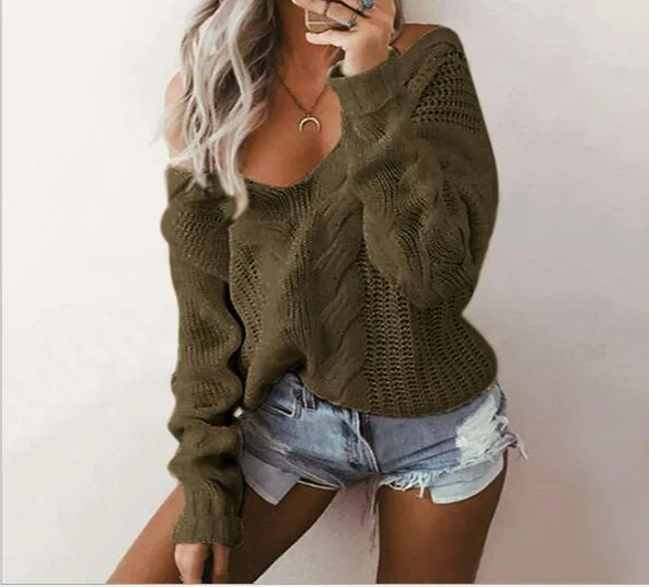

Zoulv Women's Hollow Soft Warm Knitted Sweater Tops Long Sleeve Knitwear Sexy V Neck Oversized Off Shoulder Sweaters Jumper