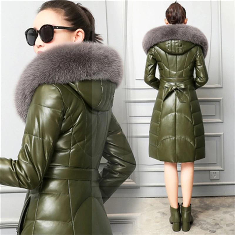 New Women's Fox Fur Collar Down Coats High Quality Winter Elegant Ladies Leather Coats Sheepskin Female Long Coats Overcoat N323