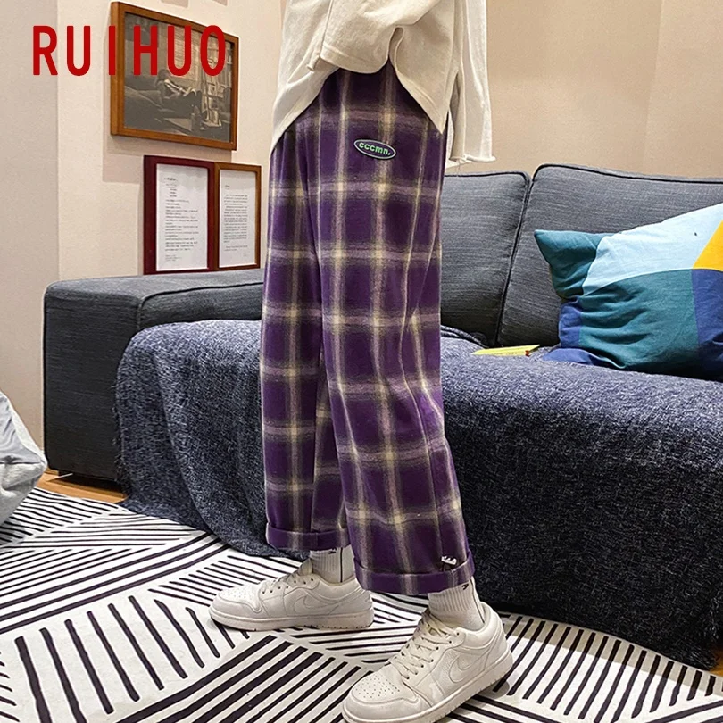 Повседневные мужские клетчатые брюки RUIHUO мужская одежда в стиле Харадзюку